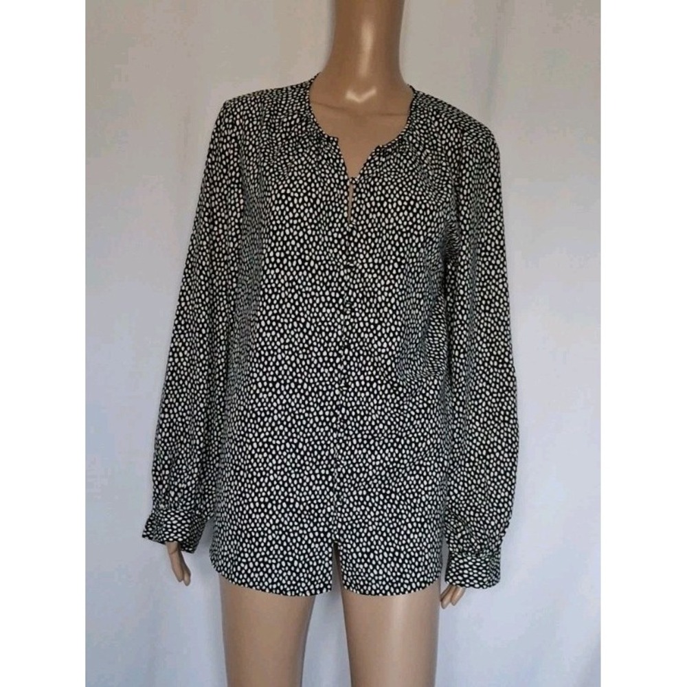Nine West Women's Button Front Balloon Sleeve Tunic Blouse Black & White Sz L